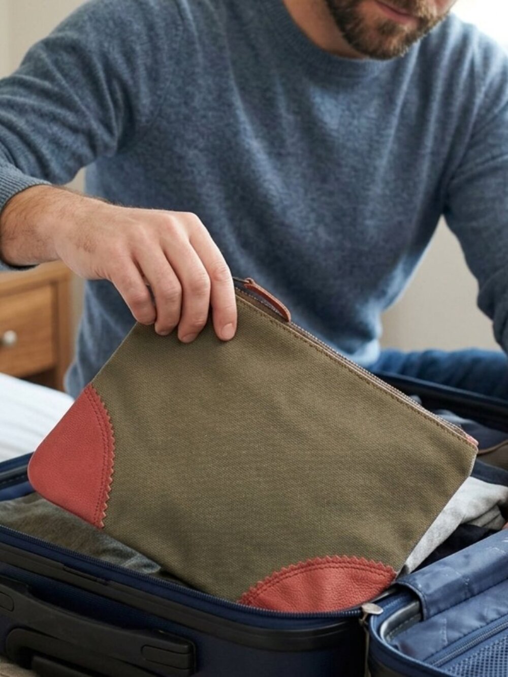 Canvas and Leather Zip Pouch - Olive Green and Rust